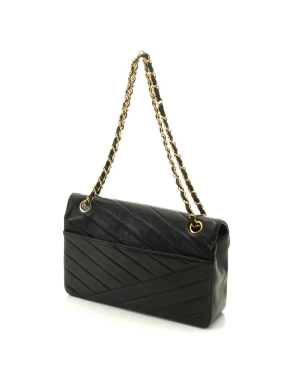 Chanel Bias Stitch 25 Chain Shoulder Bag Black Lambskin